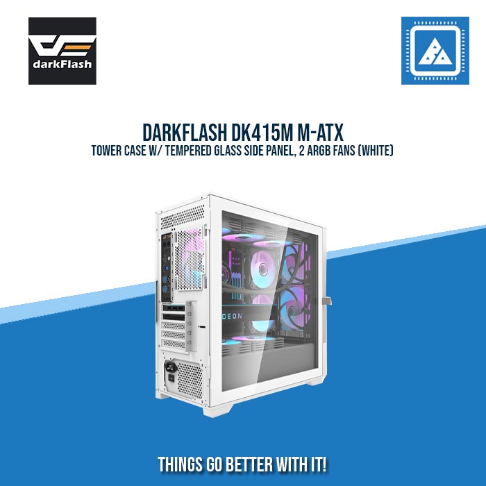 DARKFLASH DK415M M-ATX TOWER CASE W/ TEMPERED GLASS SIDE PANEL, 2 ARGB FANS (WHITE) DARKFLASH DK415M M-ATX TOWER CASE W/ TEMPERED GLASS SIDE PANEL, 2 ARGB FANS (WHITE)